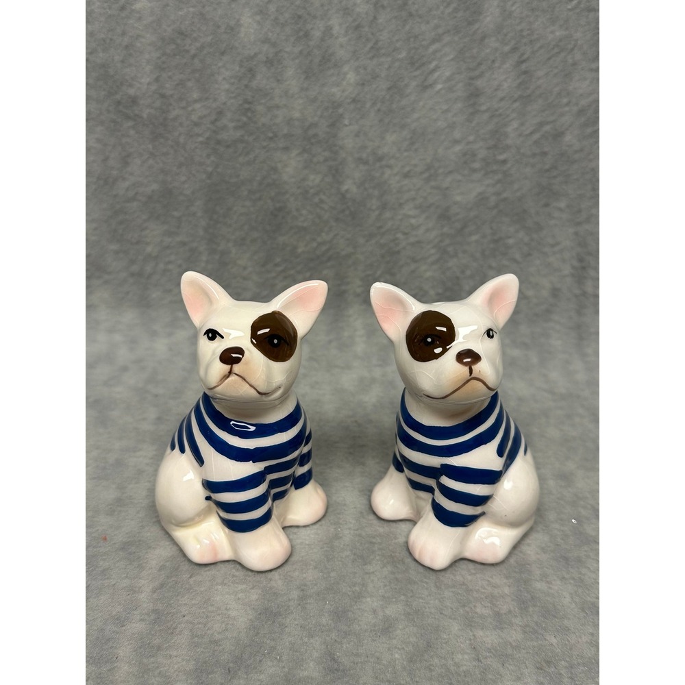 Unbranded Vintage Salt and Pepper Shakers Blue White French Bulldog Set
